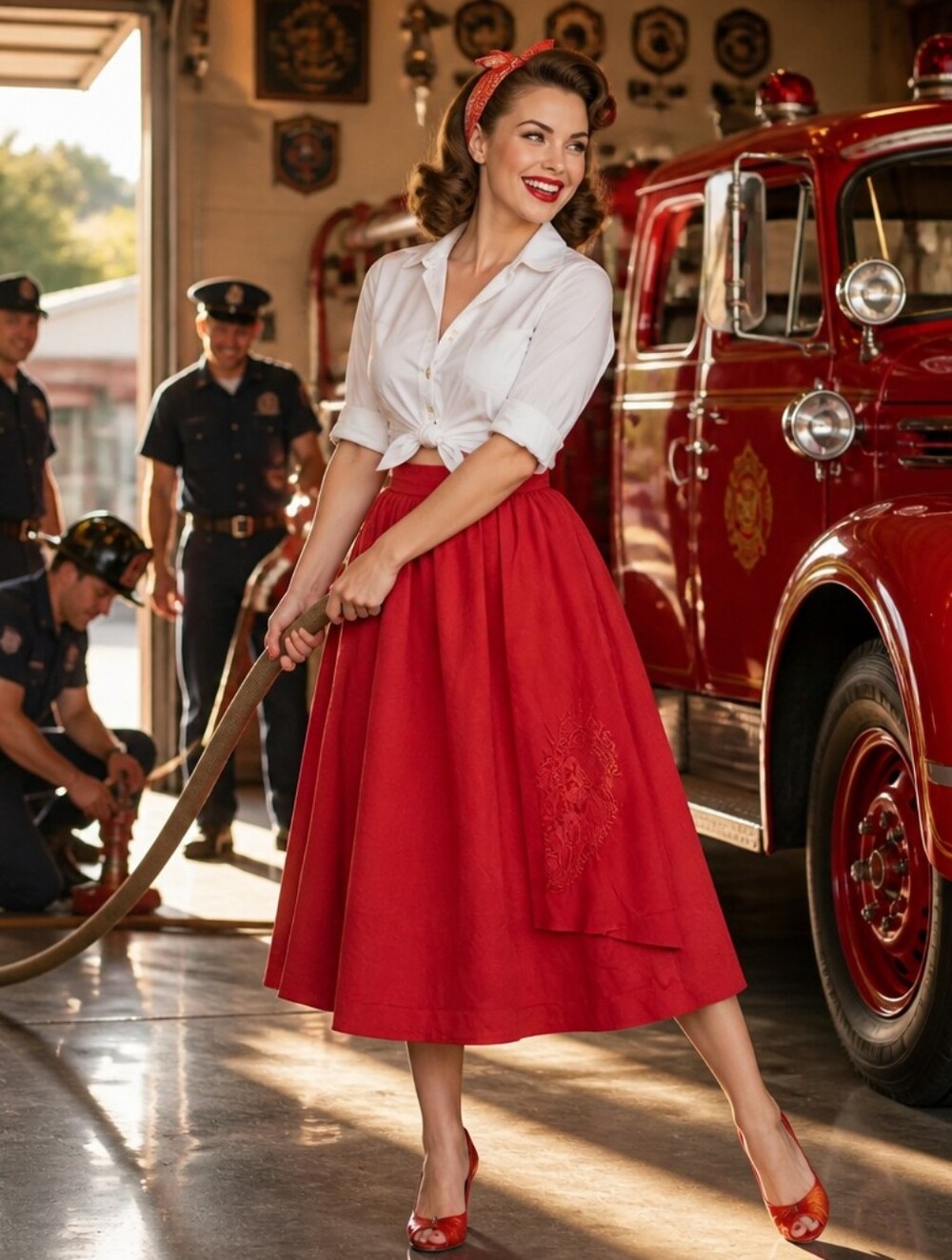 Midi A-Line Skirt in Deep Red with Elastic Waist